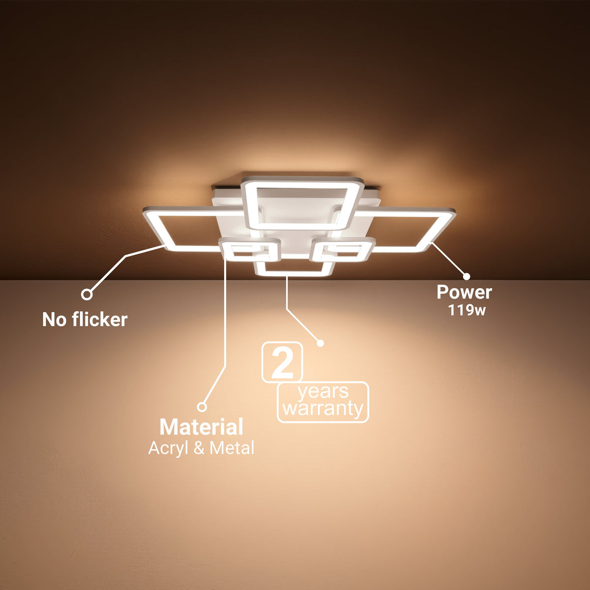LED luster s diaľkovým ovládačom ELLA 119W, 6 štvorcov, studené/teplé/neuterálne svetlo, stmívateľný, biely, kov a akryl, imaginea 5