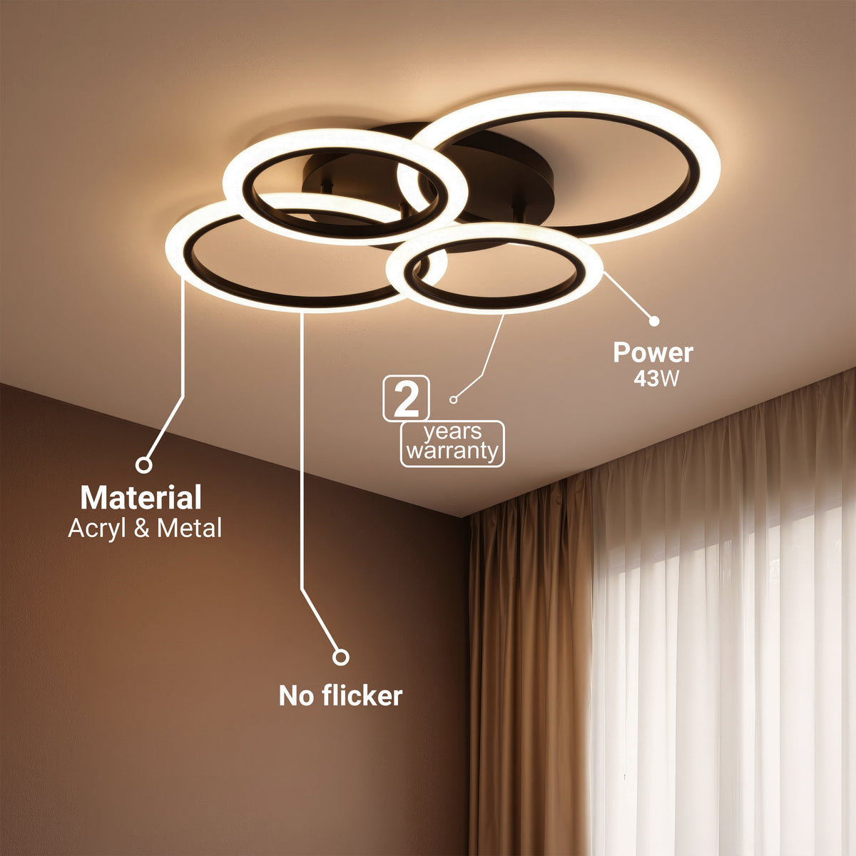 BETTY 43W LED Chandelier with Remote Control, 4 Rings, Cool/Warm/Neutral Light, Dimmable, Black, imaginea 7