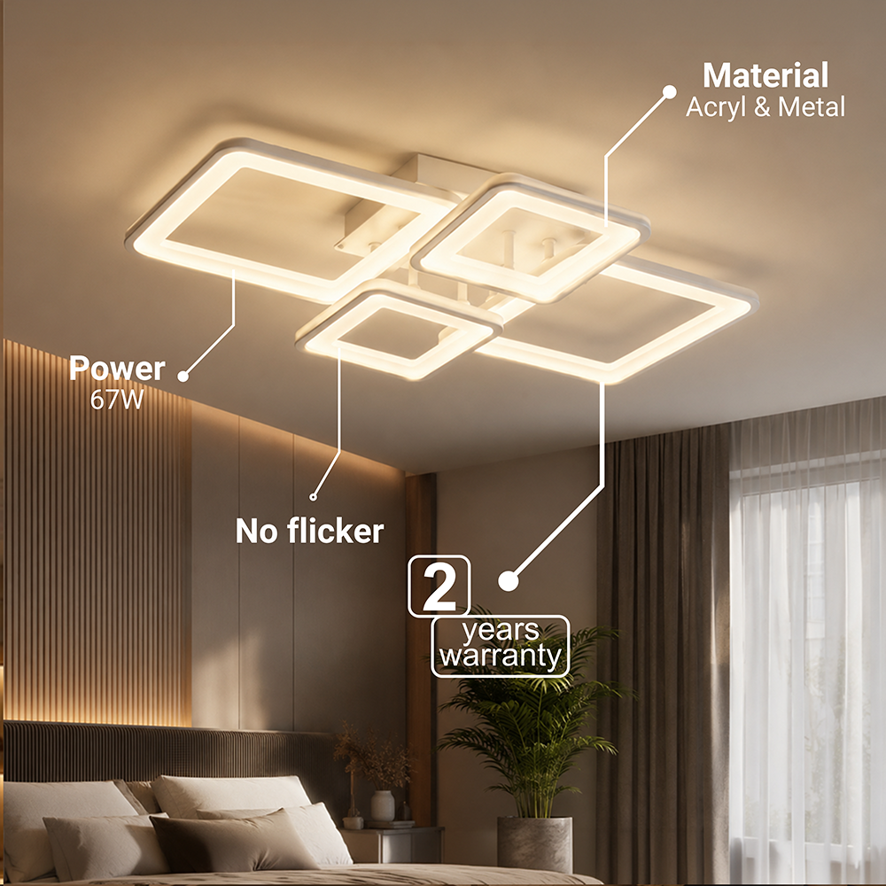 Lustra LED cu telecomanda ELLA 67W, 4 Patrate, lumina Rece/Calda/Neutra, Dimabila, Alb, Metal si Acril, imaginea 2