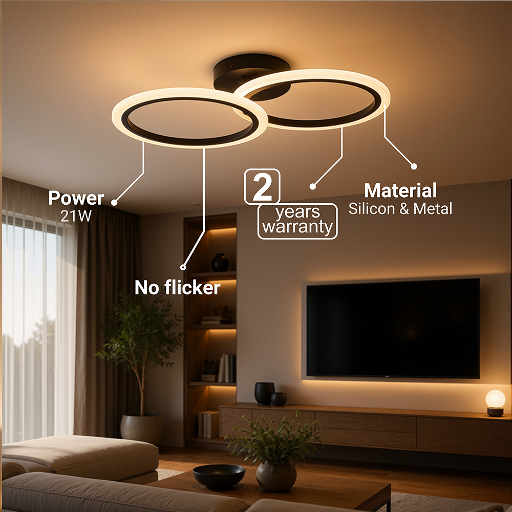 BETTY 27W LED Chandelier with Remote Control, 2 Rings, Cool/Warm/Neutral Light, Dimmable, Black, imaginea 8