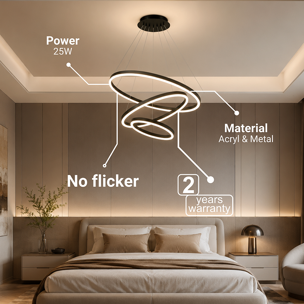 Závesný LED luster s diaľkovým ovládačom CASIANA 85 W, 3 kruhy, studené/cieple/neuterálne svetlo, dimovateľný, čierny, nastaviteľná výška, imaginea 7
