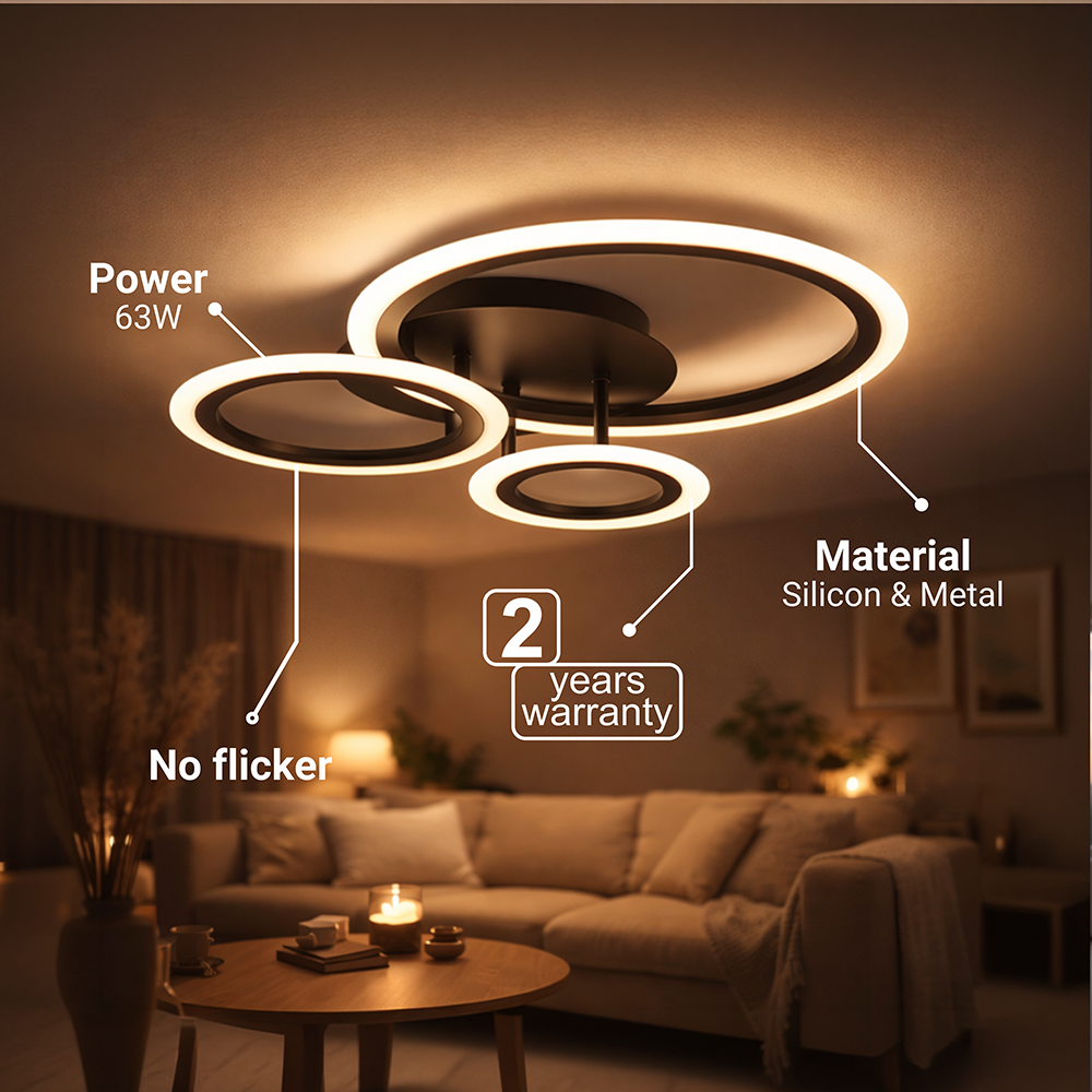BETTY 40W LED Chandelier with Remote Control, 3 Rings, Cool/Warm/Neutral Light, Dimmable, Black, imaginea 6