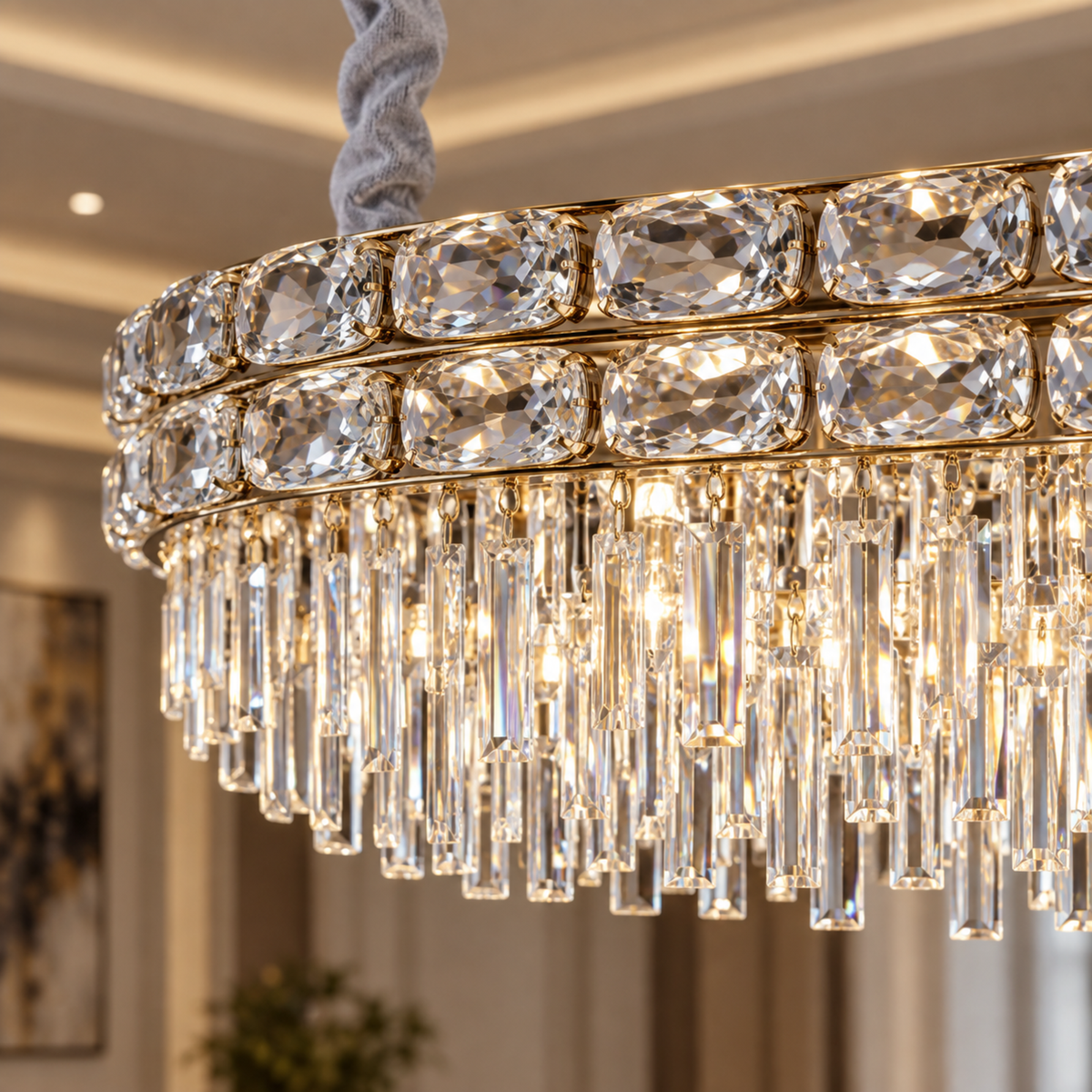 Candelabru Cristal LUCENT Regalis 28xE14, 85x35 cm, Auriu, Inaltime Reglabila, Metal si Cristal