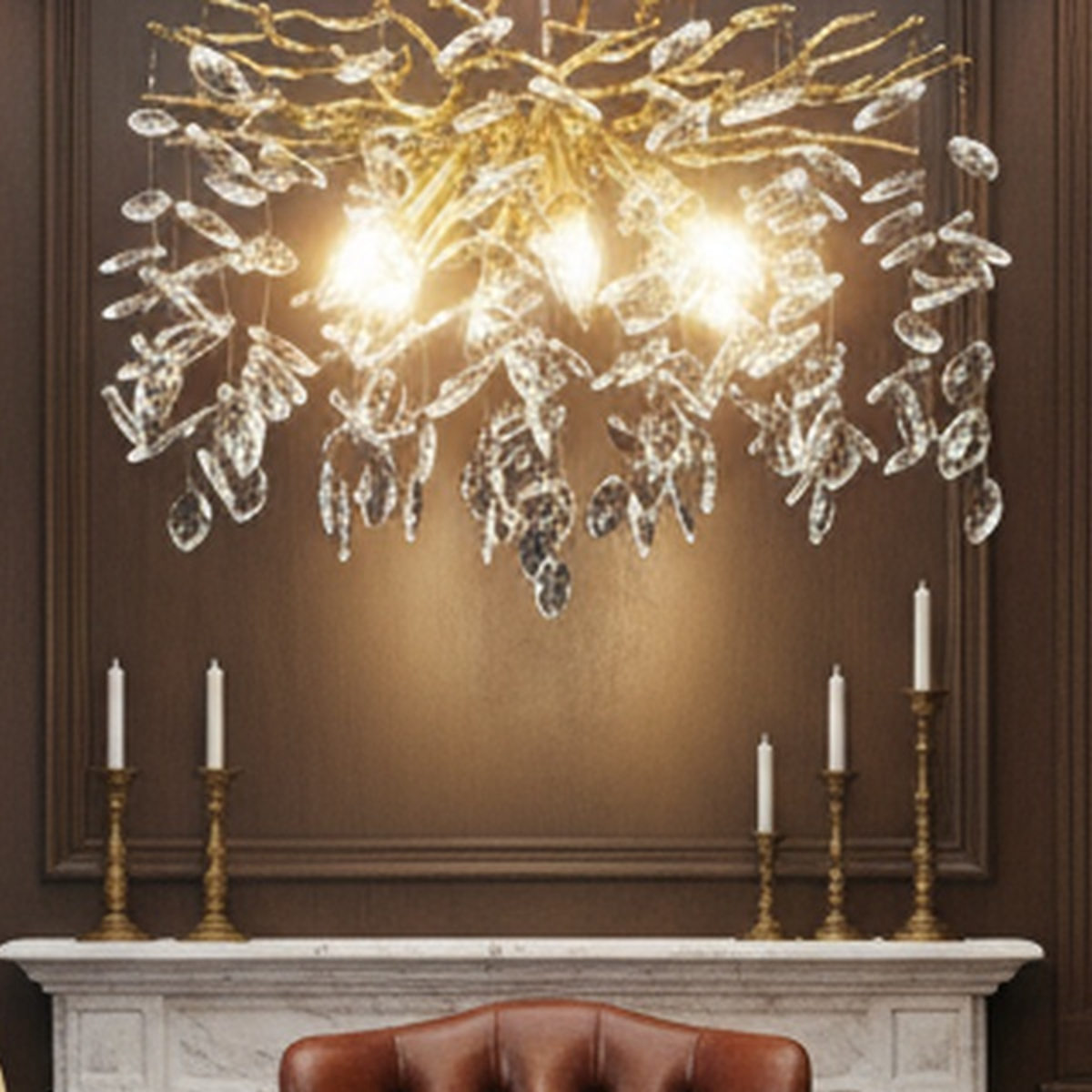 Candelabru Cristal LEAF Eleganza, Φ50cm, 6xE14, Auriu, Metal si Cristal