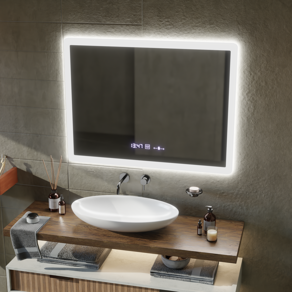 Oglinda LED Rectangulara, 80x60cm, ELANCEE Senzor MotionGlow Marcello, Sistem Dezaburire, Ceas & Termometru, Dimabila