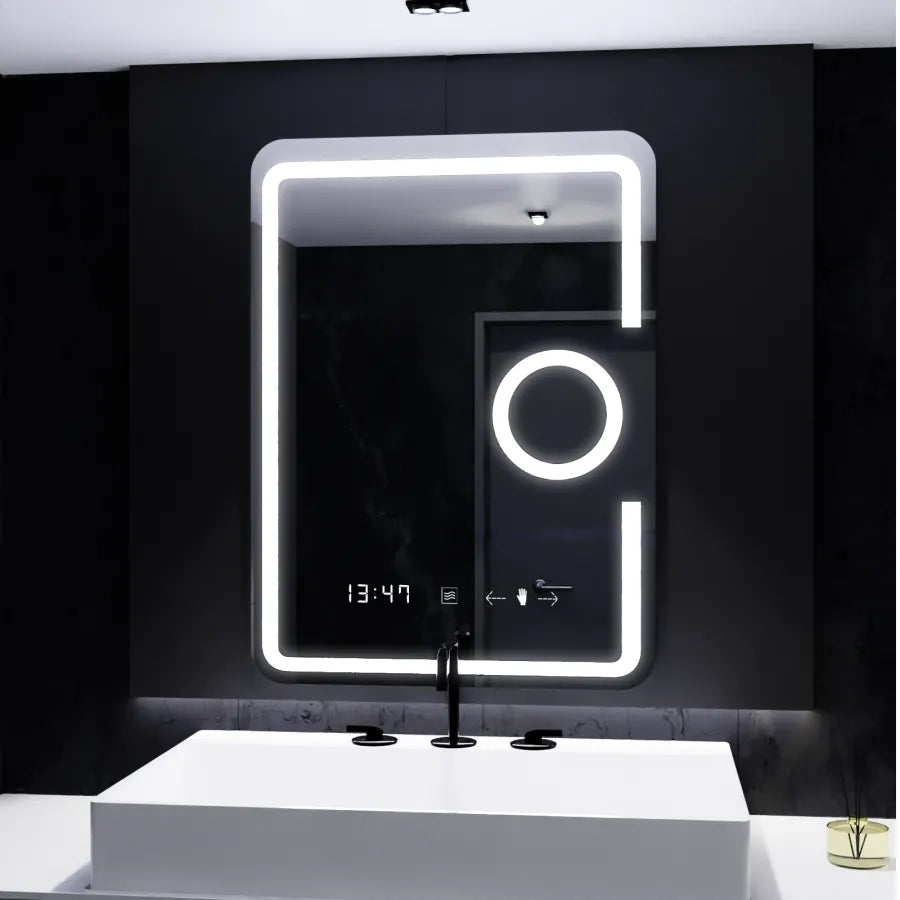 Rectangular LED Mirror, 60x80cm, Eclat MotionGlow Marcello, Clock & Thermometer, Defogger System, Cosmetic Magnifier, Dimmable, imaginea 8