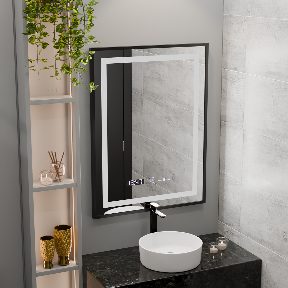 Oglinda LED Rectangulara, 50x70cm, Verite Majeste Noir Motion Glow Marcello, Sistem Dezaburire, Ceas & Termometru, Dimabila