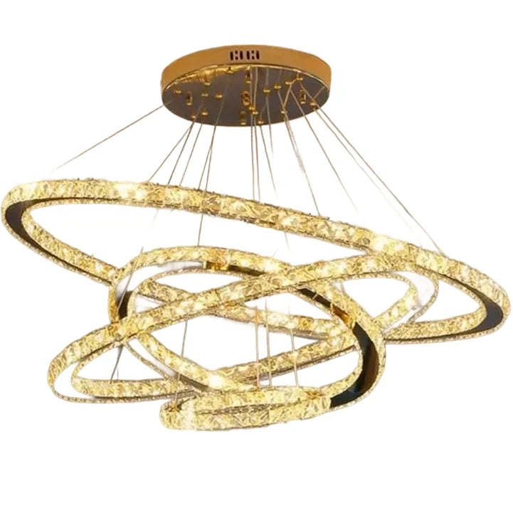 Lustra LED cu Telecomanda PRISM Luminis, Cristal si Metal, 210W, 4 Cercuri, Dimabila, Lumina Rece/Calda/Neutra, Iluminat Luxos