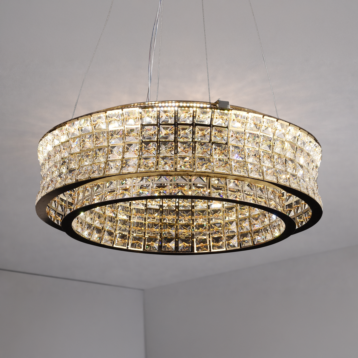 Lustra LED cu Telecomanda,LLC160/500GD, Cristal si Metal, 54W, Dimabila, Inaltime Reglabila, Lumina Rece/Calda/Neutra, Iluminat Luxos
