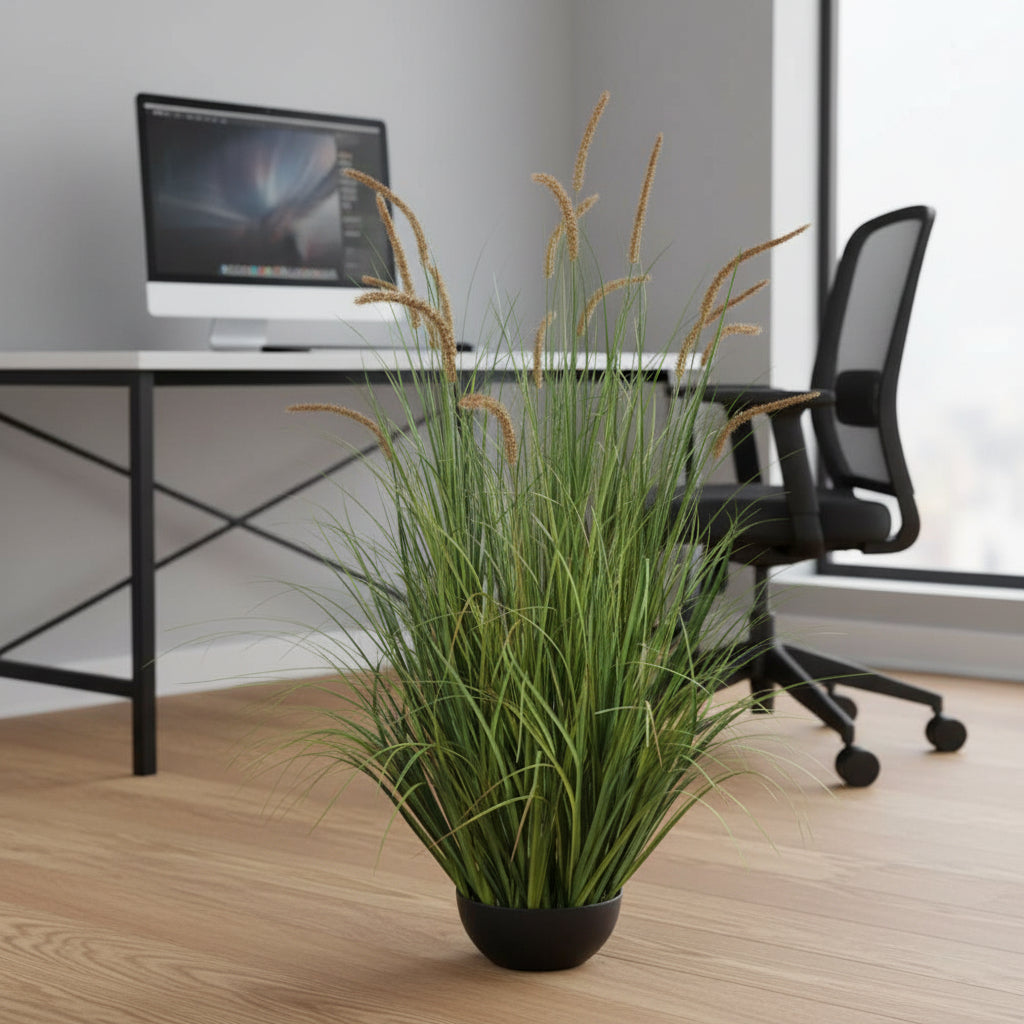 Aranjament Floral, 17 tulpini, 120cm, Iarbă curbată și Spice, Tip „coadă de pisică”, Plastic, Verde Tomnal