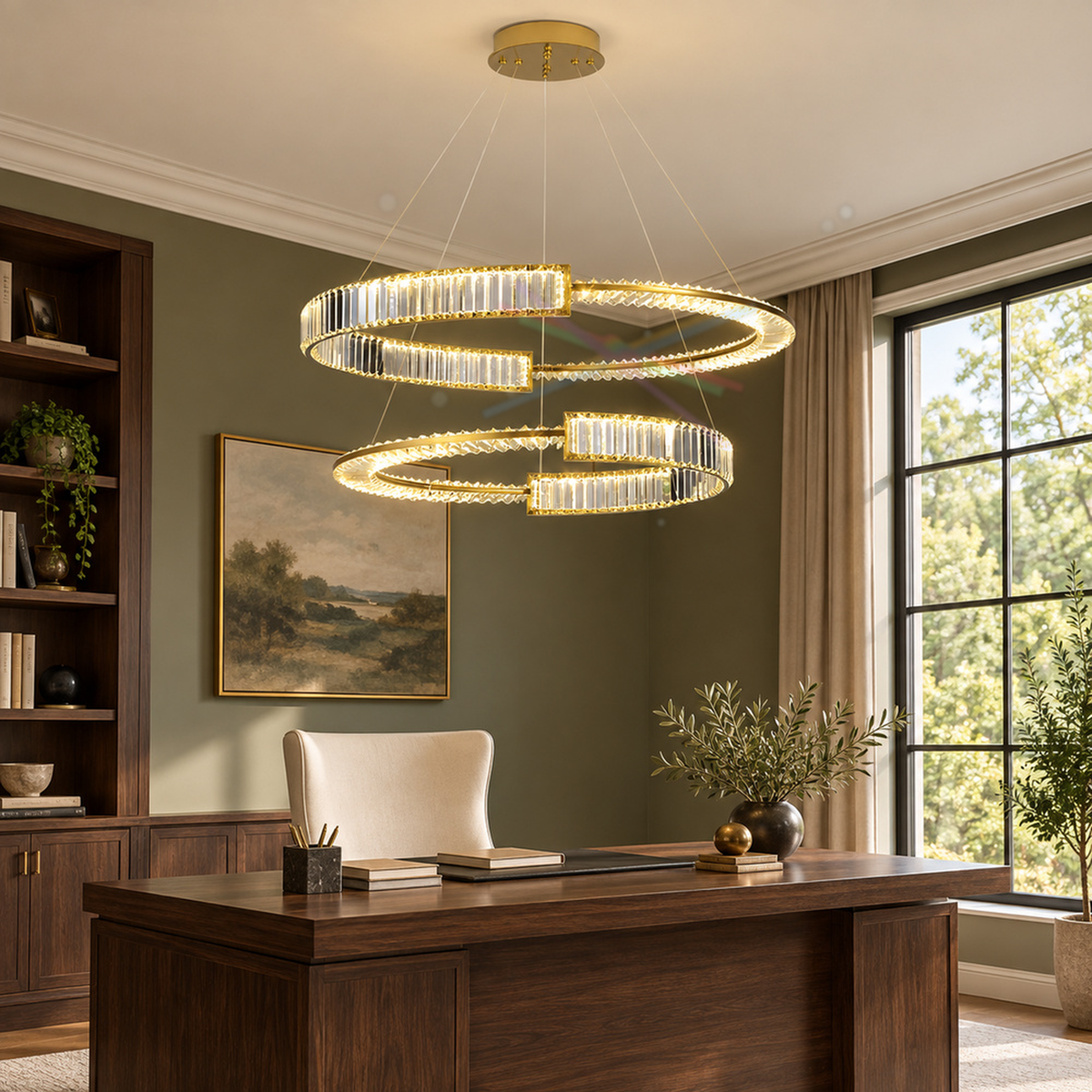 Lustra LED suspendata cu cristal PRISM REGAL 117W, 2 Cercuri, lumina Rece/Calda/Neutra, Dimabila, Auriu, Inaltime Reglabila