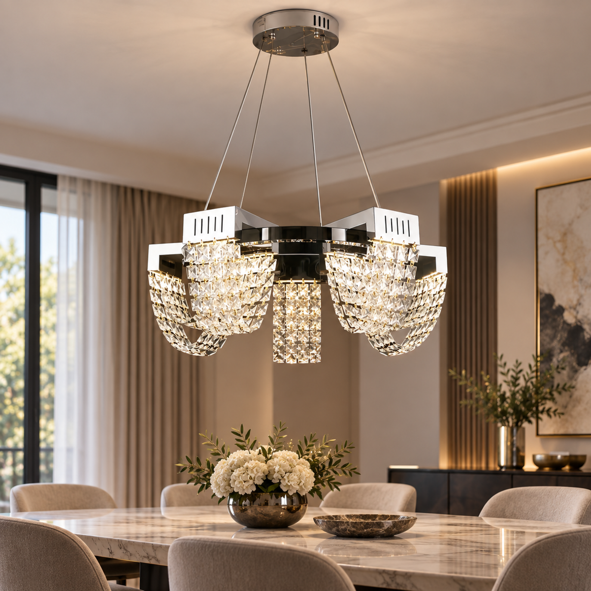 Candelabru Cristal LED 15W, STRATUS Magno, Diametru 50cm, Crom Lucios, Lumina Calda Neutra Rece 3000K/4000K/6000K Inaltime Reglabila, Metal si Cristal