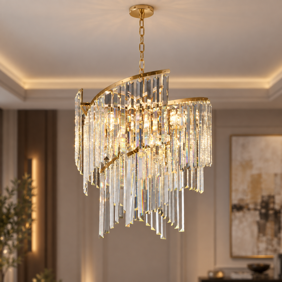 Candelabru Cristal TWEEZE Eleganza, Φ50cm, 9xE14, Auriu, Metal si Cristal