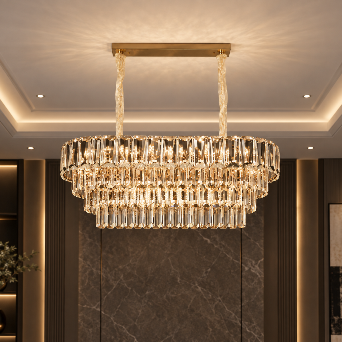 Candelabru Cristal VALMONT Supremo 12xE14, 80x30 cm, Auriu, Inaltime Reglabila, Metal si Cristal