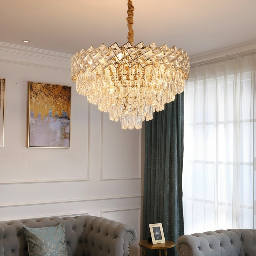 Candelabru Cristal WINDSOR Nobile 5xE14, Diametru 39cm, Auriu Lucios, Inaltime Reglabila