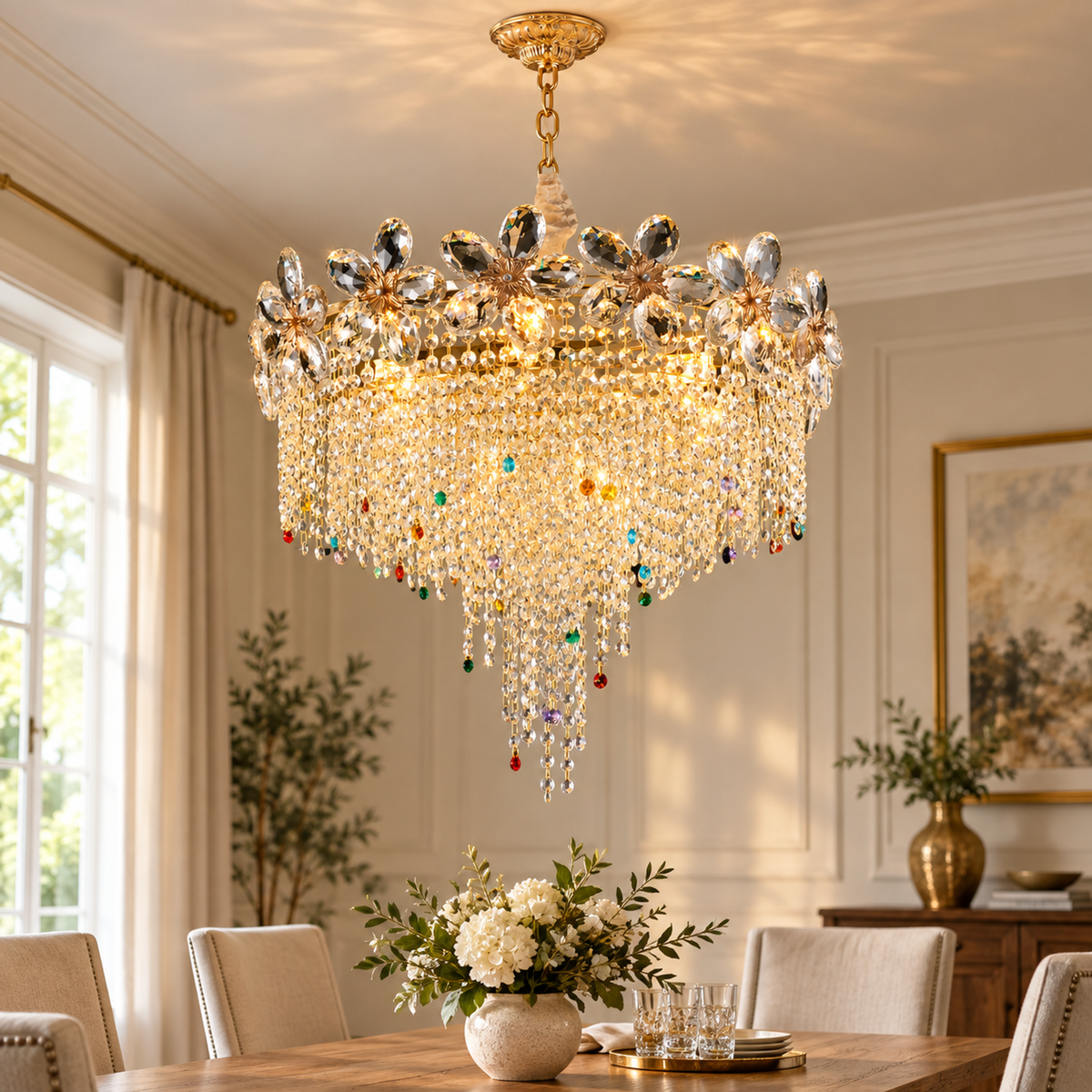 Candelabru Cristal BLOSSOM Magno,8xE14, 60cm, Auriu Lucios, Inaltime Reglabila, Metal si Cristal