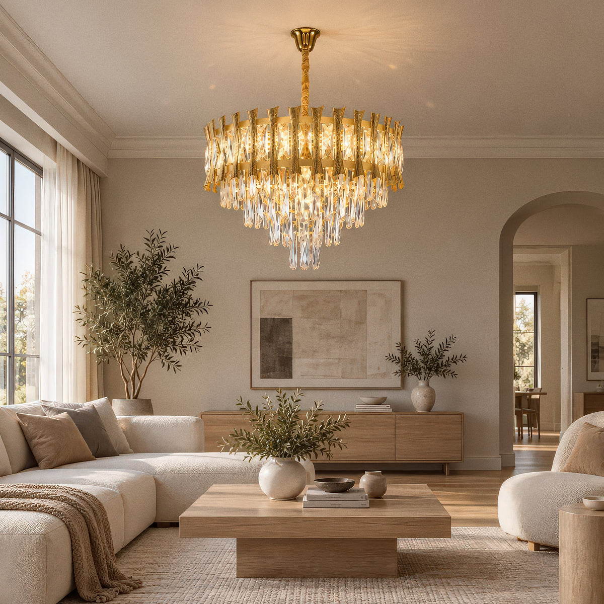Candelabru Cristal HAMPTON Petito 3xE14, Diametru 30cm, Auriu Lucios, Inaltime Reglabila