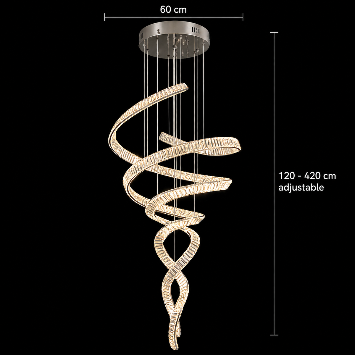 Candelabru Cristal LED IRON MAN, Diametru 60cm, Lumina 3000K/4000K/6000K, Metal si Cristal, Crom Lucios, Inaltime Reglabila