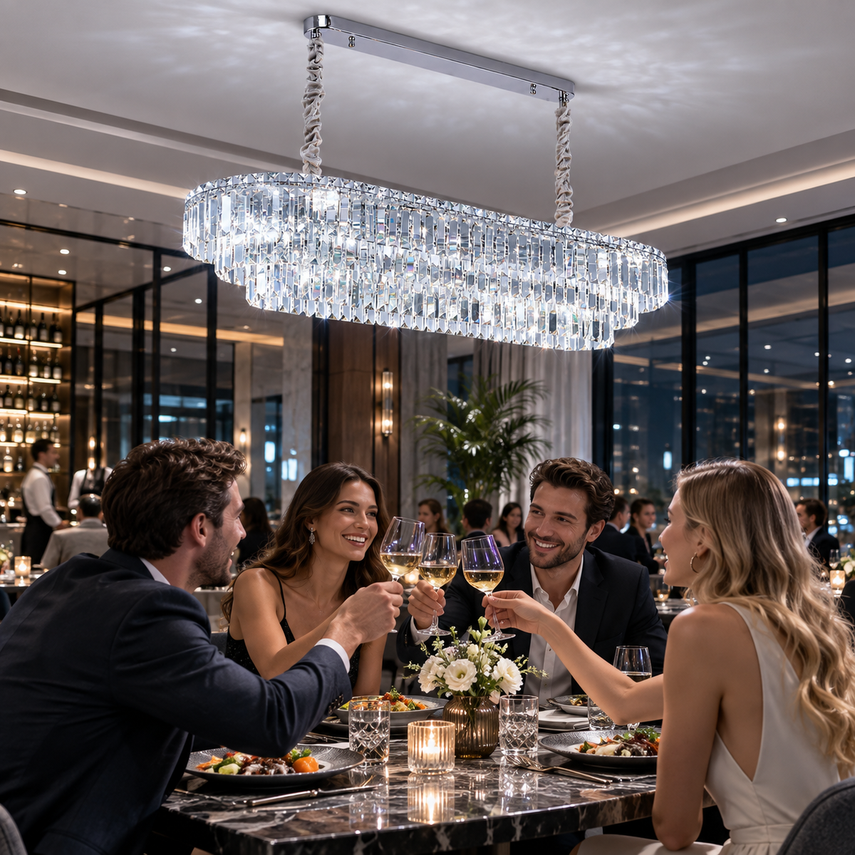 Candelabru Cristal NAVOIY 12x E14, 100cm, Metal si Cristal, Crom Lucios, Inaltime Reglabila