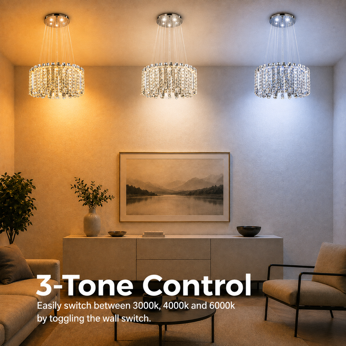 Candelabru LED Cristal TURKMENABAT Magno, Ø58cm, 35W, Lumina Rece/Calda/Neutra, Metal si Cristal, Crom Lucios, Inaltime Reglabila