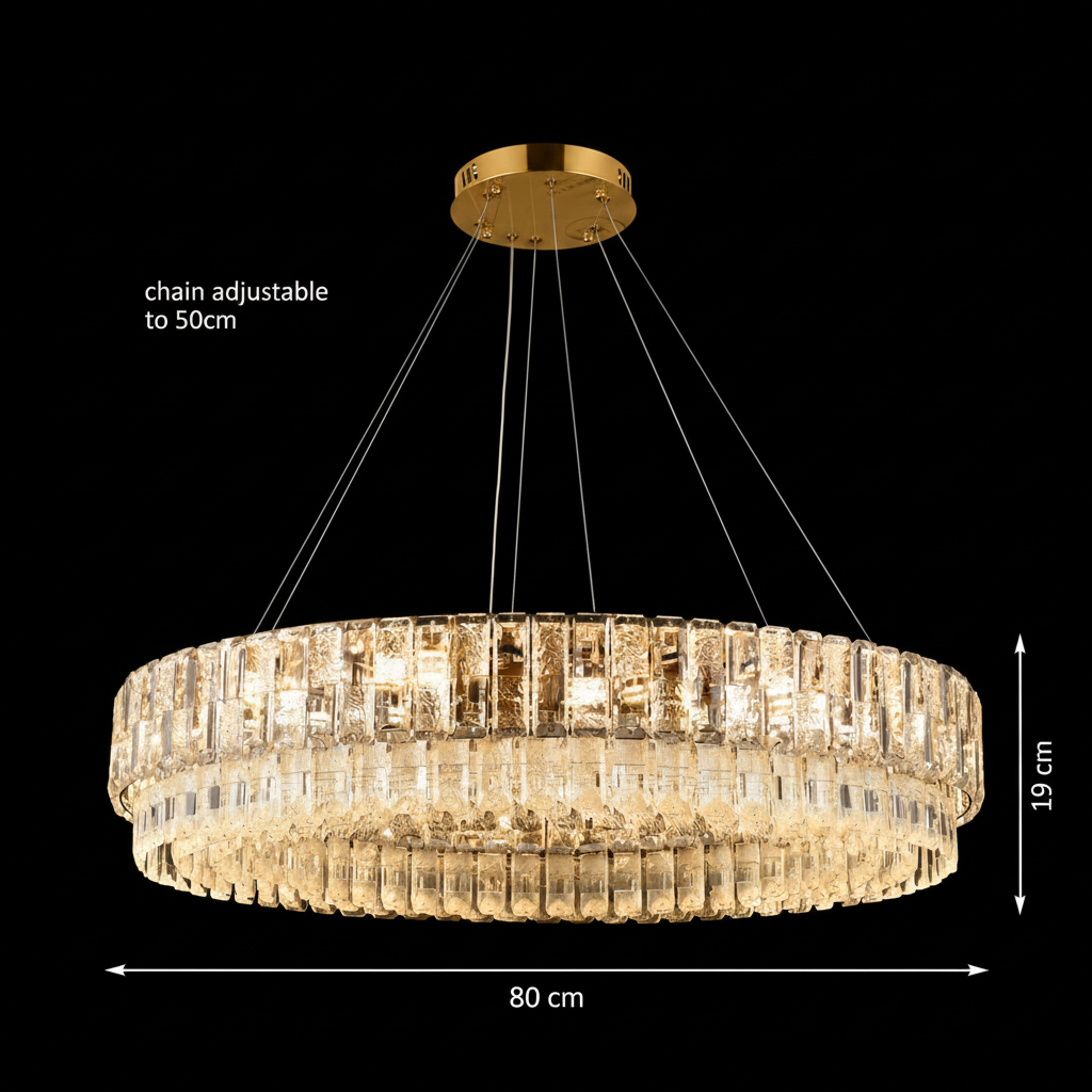 Candelabru Cristal ELYSIAN Regalis 14xE14, D80 cm, Auriu, Inaltime Reglabila, Metal si Cristal