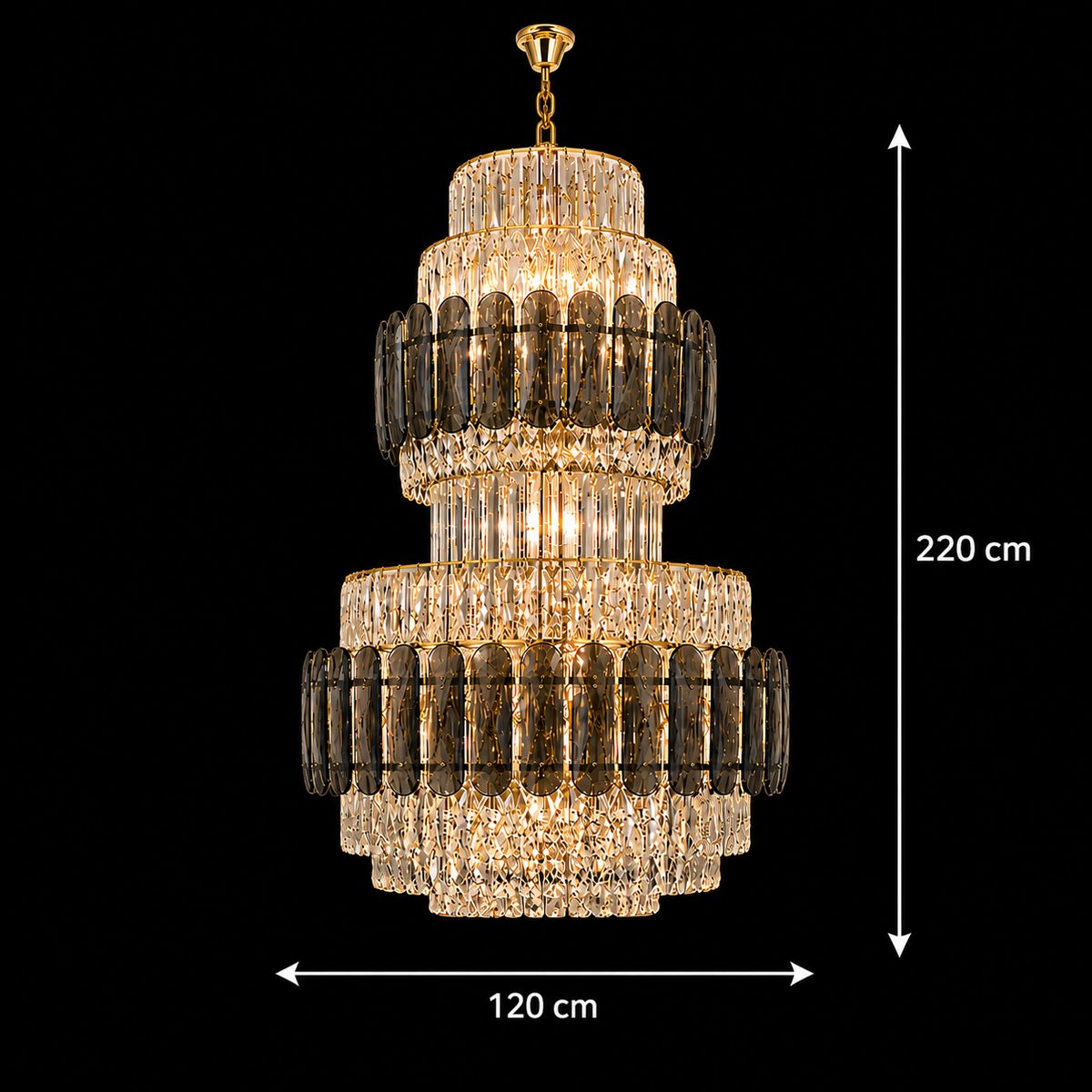 Candelabru Cristal VELIOR Grande 49xE14, D120 cm, Auriu, Inaltime Reglabila, Metal si Cristal