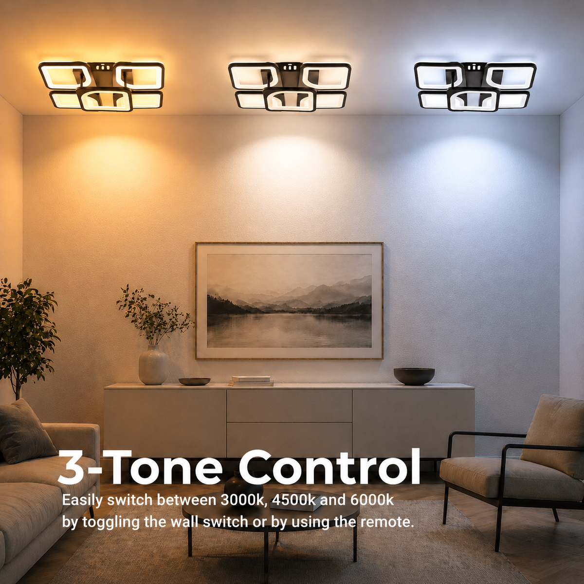 Lustra LED cu telecomanda ZOE 65W, 5 Patrate, lumina Rece/Calda/Neutra, Dimabila, Negru, imaginea 2