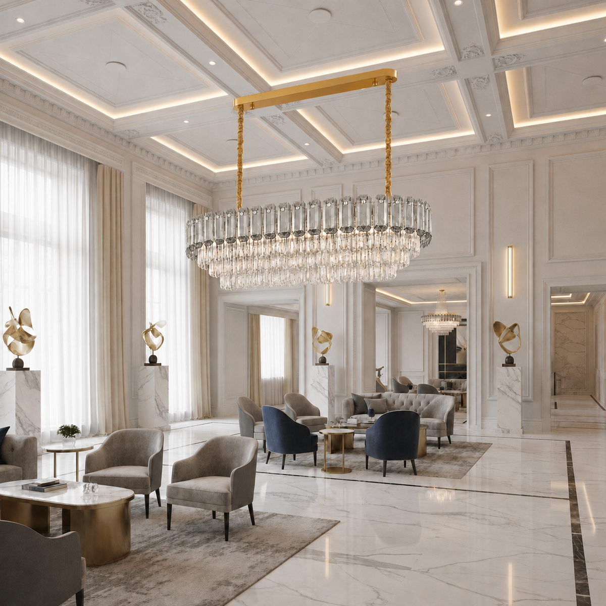 Candelabru Cristal AURUM Supremo 13xE14, Dimensiuni 85x35cm, Inaltime 41cm, Auriu Lucios, Inaltime Reglabila, Design Elegant