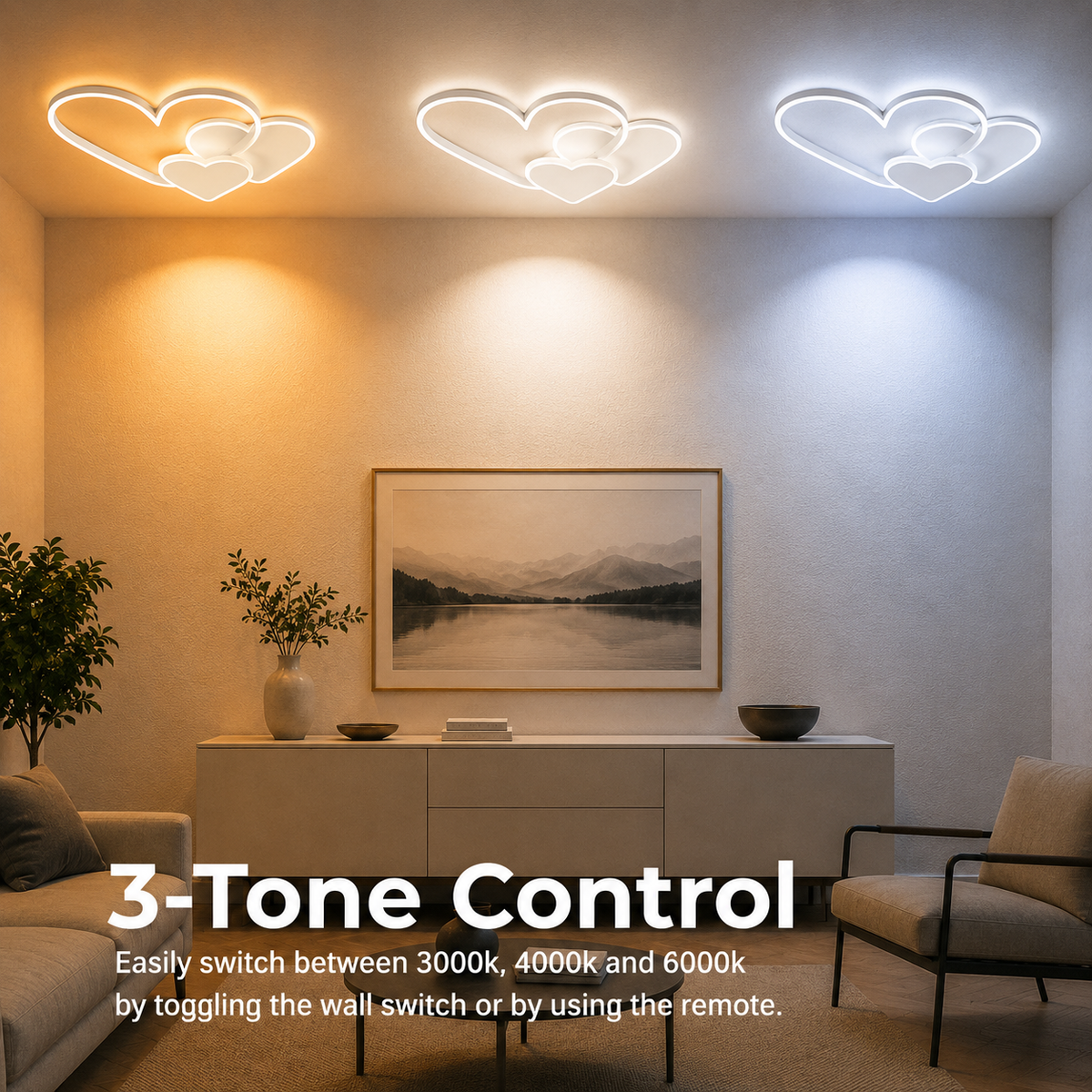 Lustra LED cu telecomanda AMI 48W, 3 Inimi, lumina Rece/Calda/Neutra, Dimabila, Alb