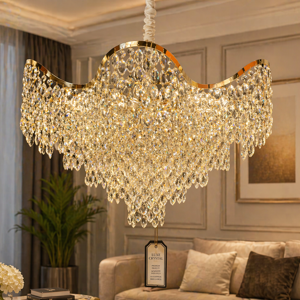 Candelabru Cristal VELOURA Regalis 22xE14, D80 cm, Auriu, Inaltime Reglabila, Metal si Cristal