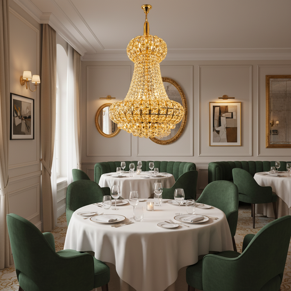 Candelabru Cristal CASTRUM Eleganza 9xE14, D50 cm, Auriu, Inaltime Reglabila, Metal si Cristal