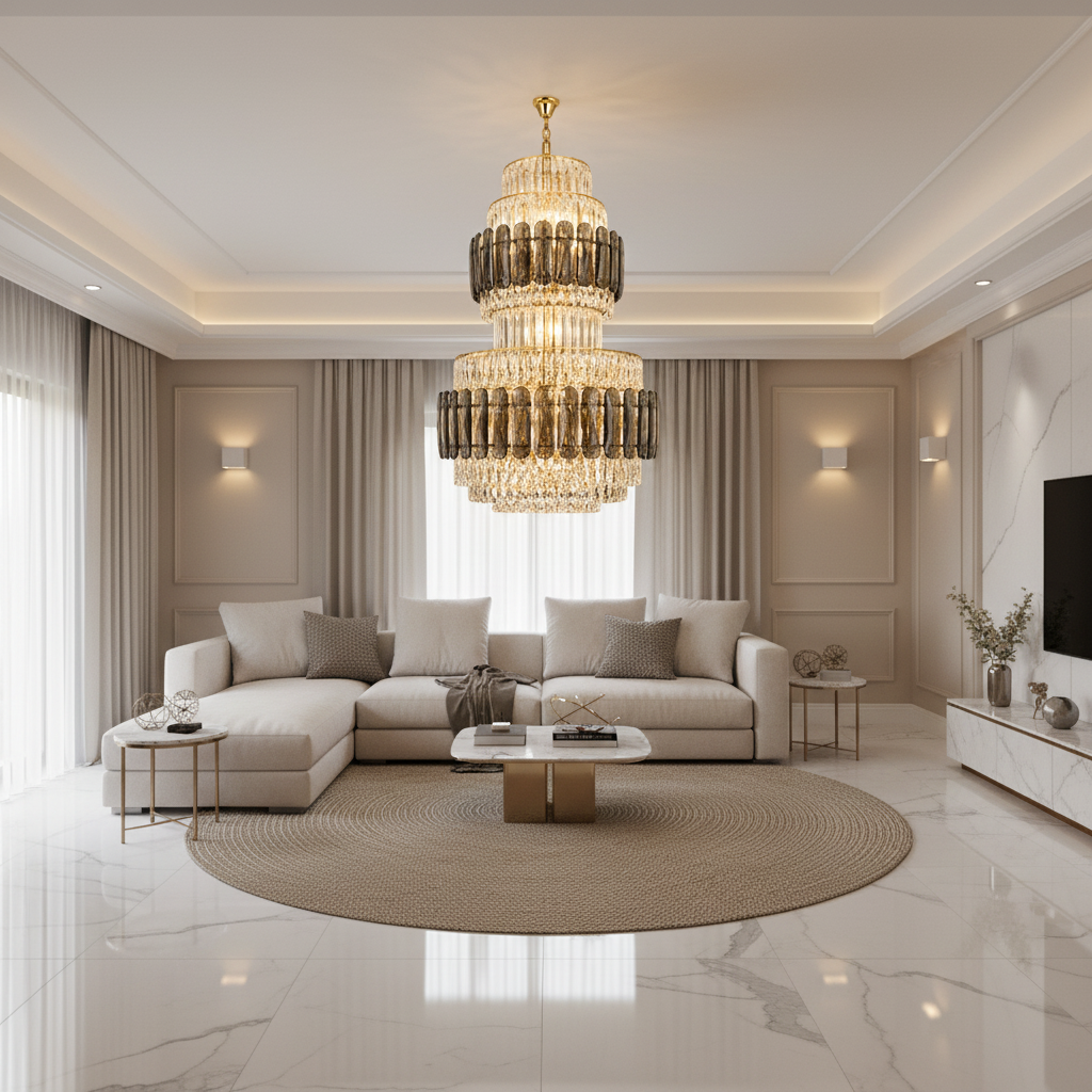Candelabru Cristal VELIOR Regalis 29xE14, D80 cm, Auriu, Inaltime Reglabila, Metal si Cristal