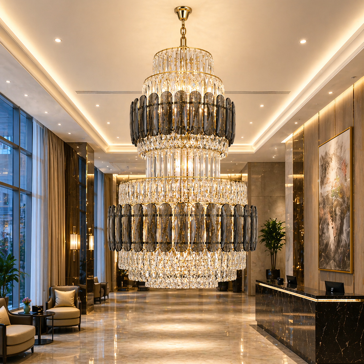 Candelabru Cristal VELIOR Grande 49xE14, D120 cm, Auriu, Inaltime Reglabila, Metal si Cristal