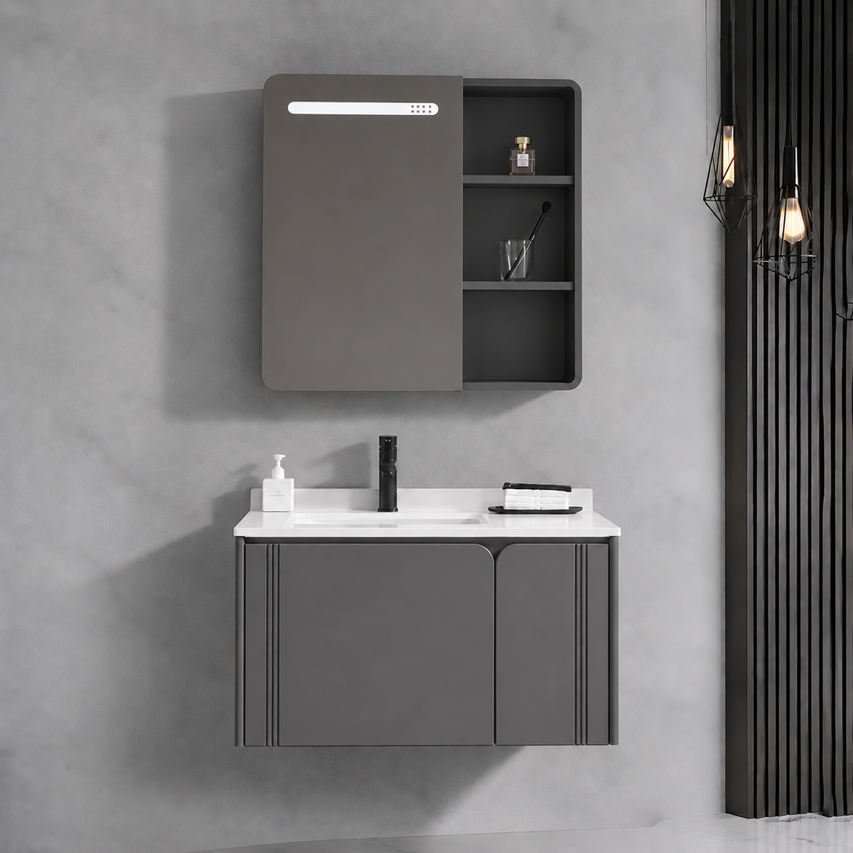 Set Mobilier ORIA pentru Baie, Dulap Lavoar+Dulap Oglinda 60cm, 2 Piese, Gri si Alb