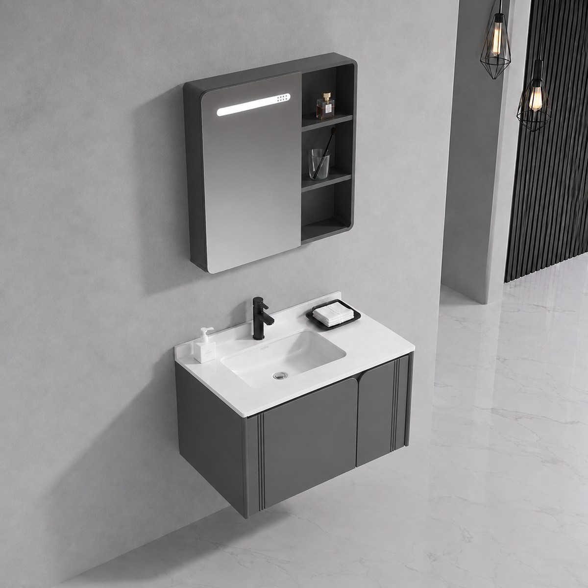 Set Mobilier ORIA pentru Baie, Dulap Lavoar+Dulap Oglinda 60cm, 2 Piese, Gri si Alb