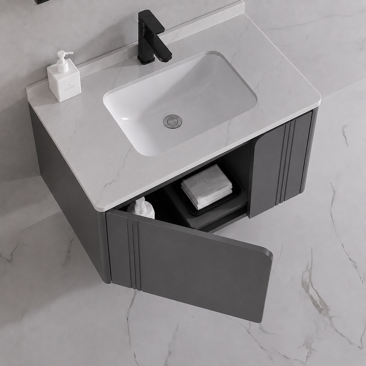 Set Mobilier ORIA pentru Baie, Dulap Lavoar+Dulap Oglinda 60cm, 2 Piese, Gri si Alb
