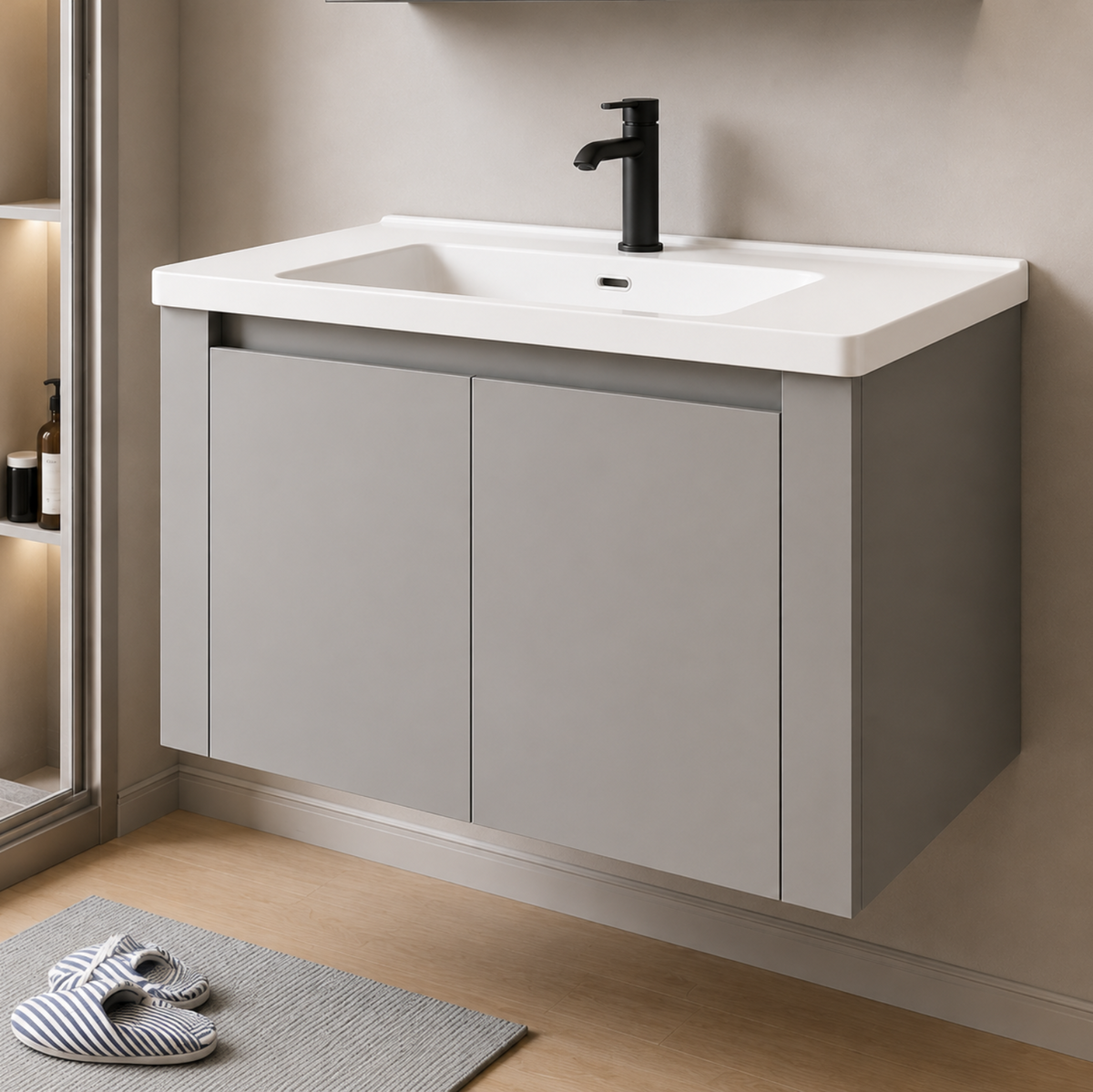 Set Mobilier TIVOLI pentru Baie, Dulap Lavoar+Dulap Oglinda 60cm, 2 Piese, Gri si Alb