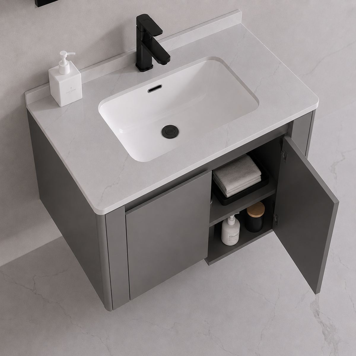 Set Mobilier TIVOLI pentru Baie, Dulap Lavoar+Dulap Oglinda 60cm, 2 Piese, Gri si Alb