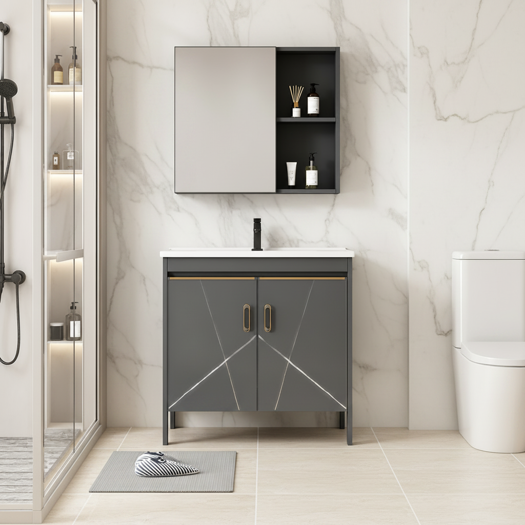Set Mobilier SIENA pentru Baie,Dulap Lavoar+Dulap Oglinda 60cm, 2 Piese, Gri si Alb
