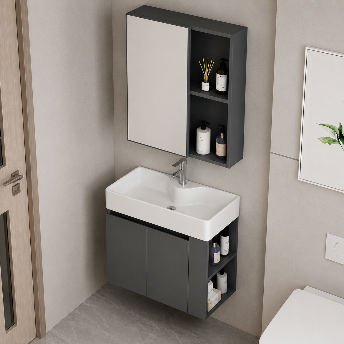 Set Mobilier EVOQ pentru Baie,Dulap Lavoar+Dulap Oglinda 80cm, 2 Piese, Gri si Alb