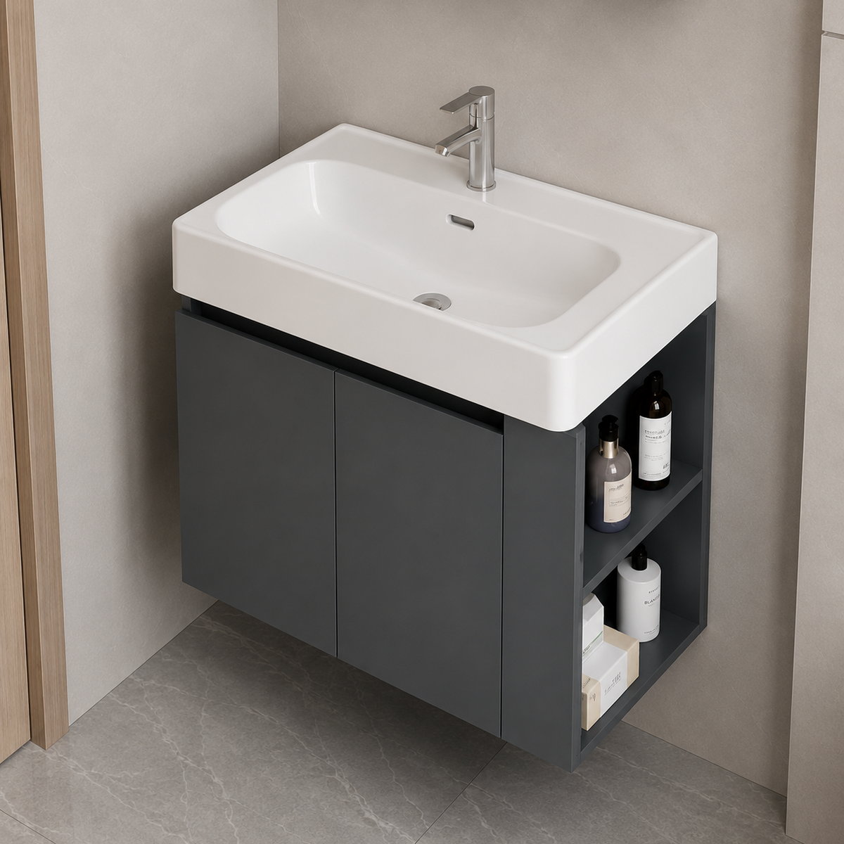 Set Mobilier EVOQ pentru Baie,Latime 70cm, 2 Piese, Gri si Alb