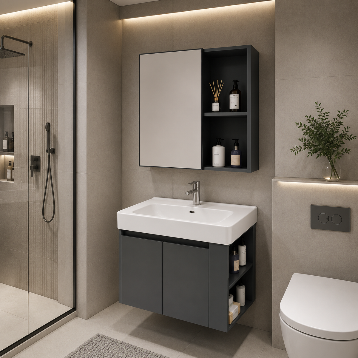 Set Mobilier EVOQ pentru Baie,Dulap Lavoar+Dulap Oglinda 80cm, 2 Piese, Gri si Alb