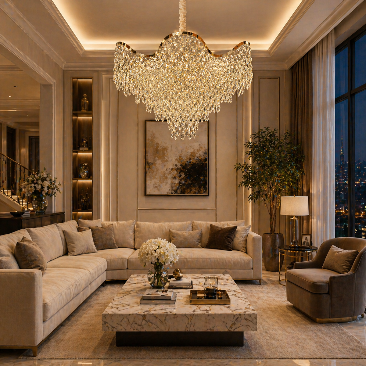 Candelabru Cristal 13xE14 VELOURA Magno, D60 cm, Auriu, Inaltime Reglabila, Metal si Cristal