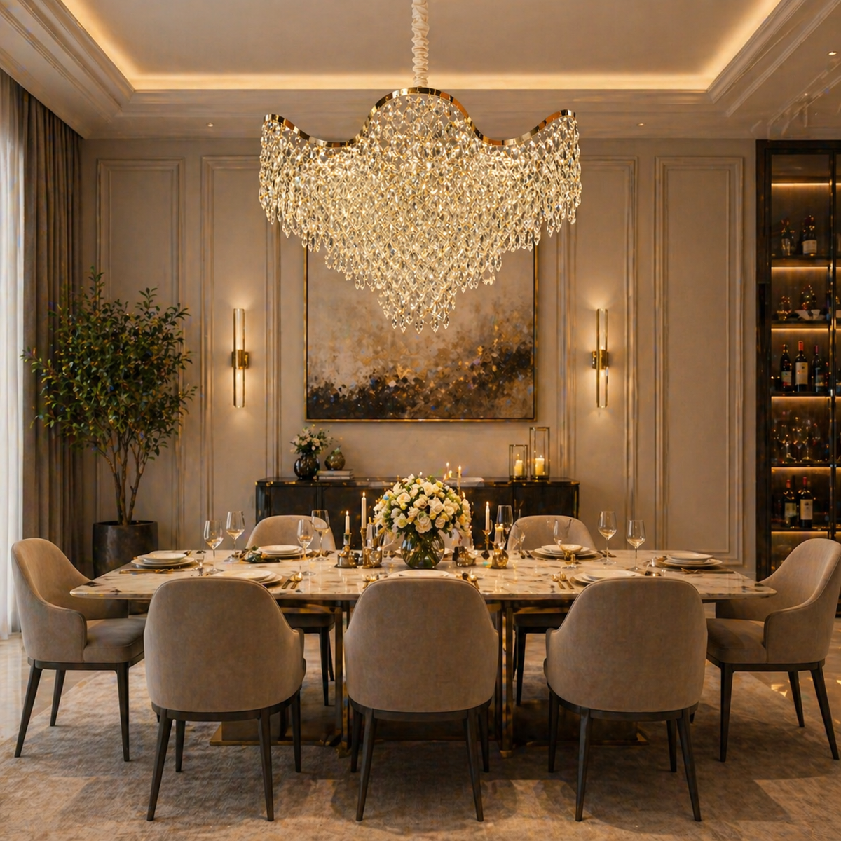Candelabru Cristal 13xE14 VELOURA Magno, D60 cm, Auriu, Inaltime Reglabila, Metal si Cristal