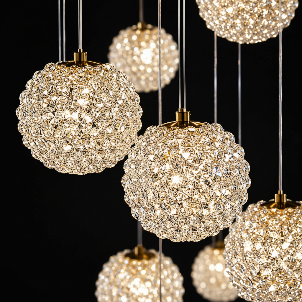 Candelabru Cristal LED MILLE, 25xG9, Diametru 60cm x Inaltime 340cm, Cristal si Metal, Auriu