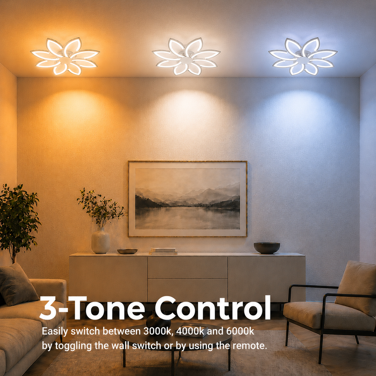 Lustra LED cu telecomanda si cristal FLORA 82W, 8 Petale, lumina Rece/Calda/Neutra, Dimabila, Alb