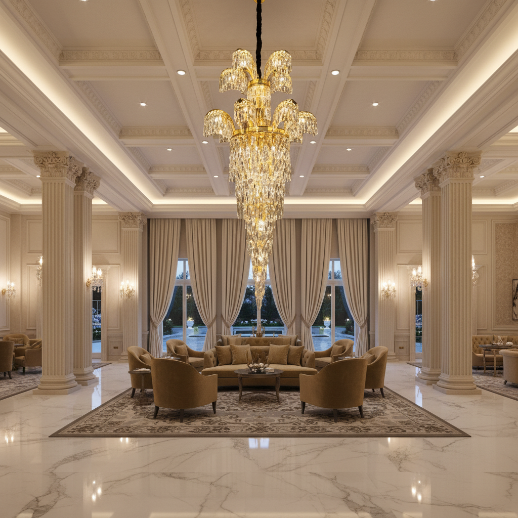 Candelabru Cristal PALACE Regalis, 13 brate, 29xG9, D80cm, Auriu Lucios, Inaltime Reglabila, Metal si Cristal