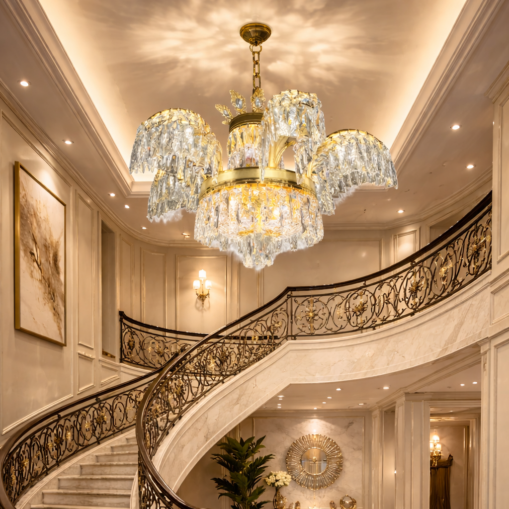 Candelabru Cristal PALACE, 6 brate, 12xG9, D69cm, Auriu Lucios, Inaltime Reglabila, Metal si Cristal