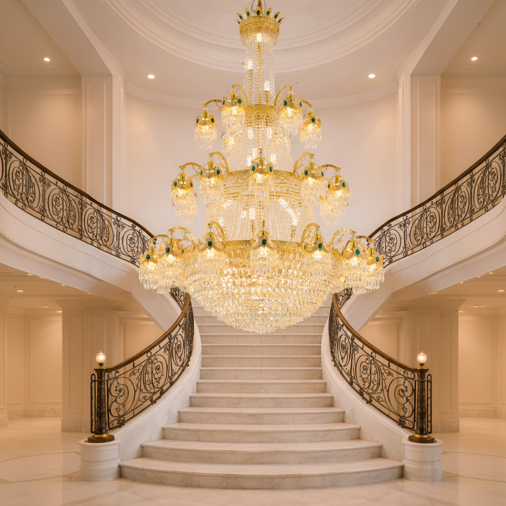 Candelabru Cristal, 61xE14, Diametru 150cm, Inaltime 200cm, Auriu Lucios, Inaltime Reglabila, Design Elegant