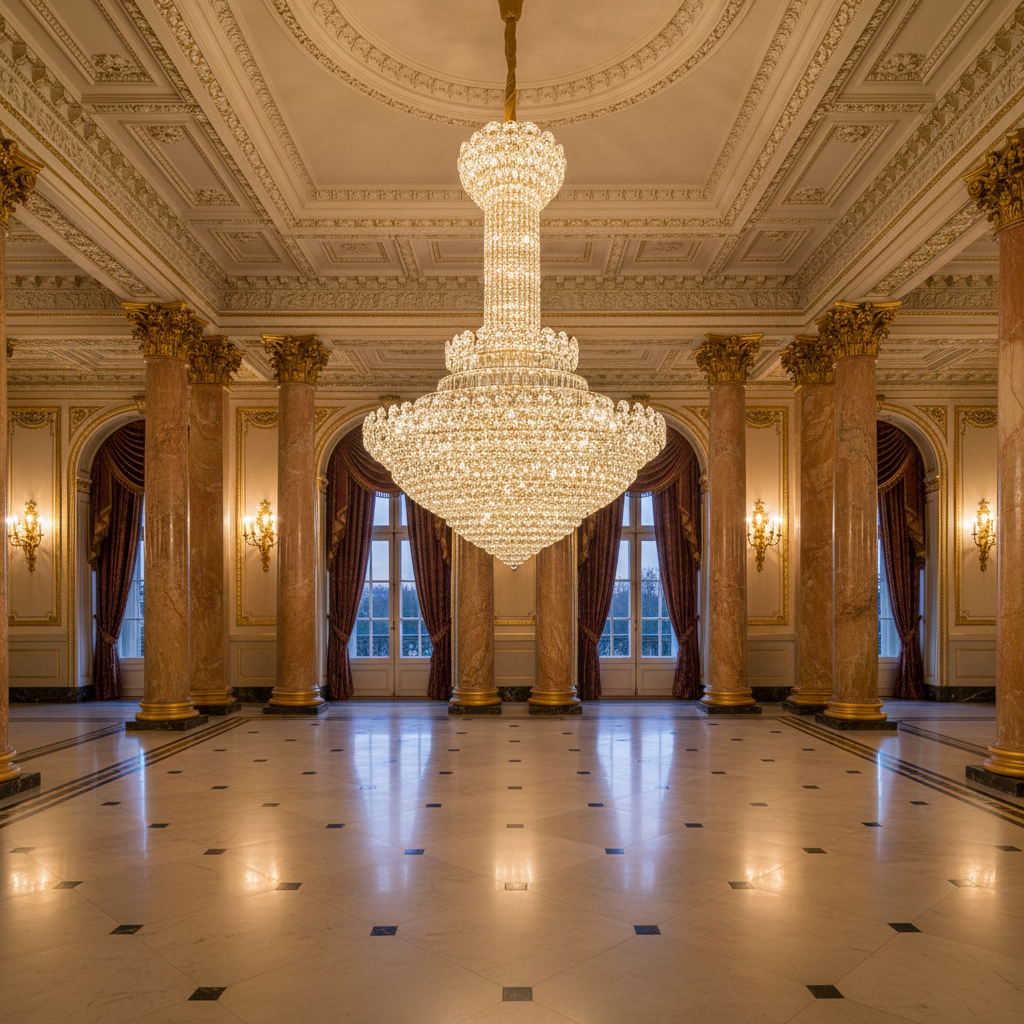 Candelabru Cristal PALAIS Grande 65xE14, Diametru 150cm, Inaltime 240cm, Auriu Lucios, Inaltime Reglabila, Design Elegant